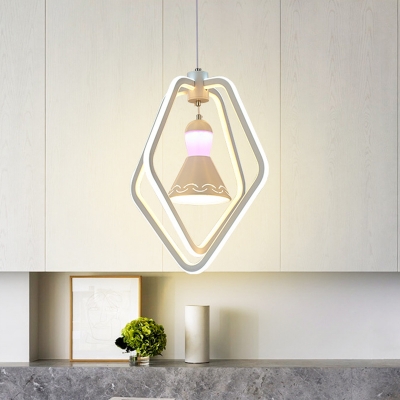 Minimalist Conical Pendant Chandelier Acrylic Bedroom LED Hanging Ceiling Light with Pentagon Frame in White