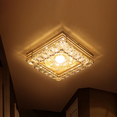 Minimalist Round/Square Flush Mount Clear Crystal Block LED Ceiling Mounted Light in Gold for Foyer