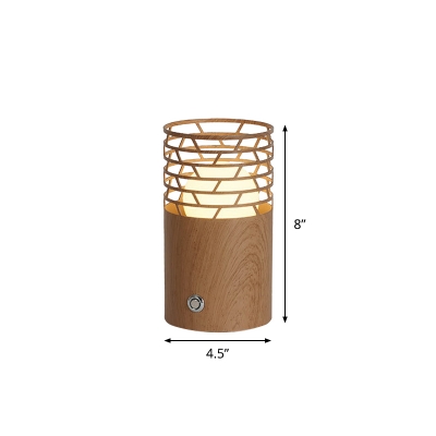 Modern 1 Head Table Lighting Brown Cylinder Night Lamp with Wood Shade for Living Room