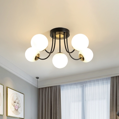 Modern Spherical Ceiling Flush White/Amber Glass 5 Heads Bedroom Semi Flush Mount Light Fixture with Branch Arm