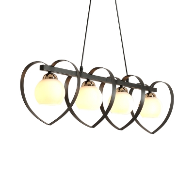 Modernist 3/4-Head Island Pendant Black/White In-Line Loving Heart Hanging Lamp with Dome Opal Glass Shade