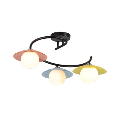 Nordic 3-Light Semi Mount Lighting Red-Yellow-Blue Saucer Flush Ceiling Light with Orb Milk Glass Shade and Twisted Arm