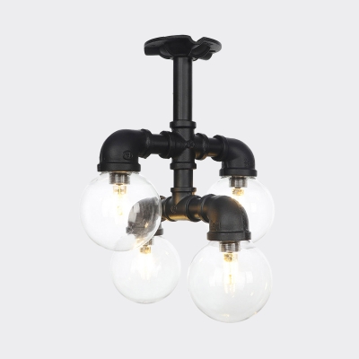 Orb Clear Glass Semi Flush Lighting Vintage 4/5/6 Lights Corridor LED Flush Mounted Lamp in Black