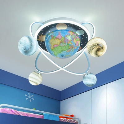 Planets Arounding Earth Acrylic Flush Light Kids 4 Lights Blue Finish LED Ceiling Flush Mount