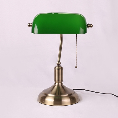 Polished Bronze Pull Chain Table Lamp Vintage Green Glass Single Living Room Night Light with Pivot Shade
