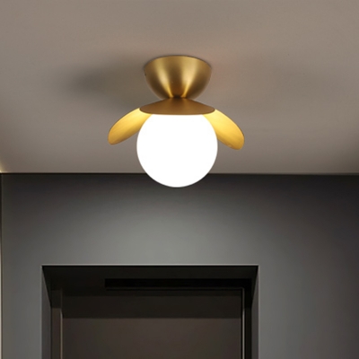 Postmodern Ball Mini Ceiling Flush Milk Glass 1-Light Foyer Flush Mounted Lamp with Brass Petal Guard