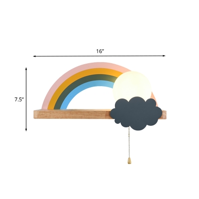 Rainbow and Sun Wall Light Fixture Cartoon Metal 1-Light Brown LED Sconce Lamp with Wood Storage Rack and Pull Chain