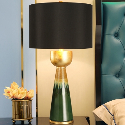 Retro Urn Base Table Lamp 1-Light Ceramic Nightstand Light with Black Drum Lamp Shade