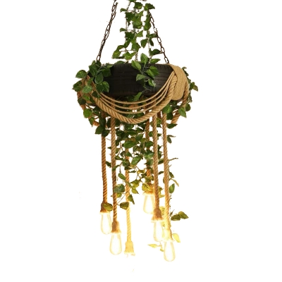 Rope Bare Bulb Chandelier Farmhouse 6 Lights Restaurant Pendant with Rubber Tire Design and Green Plant/Pink Flower