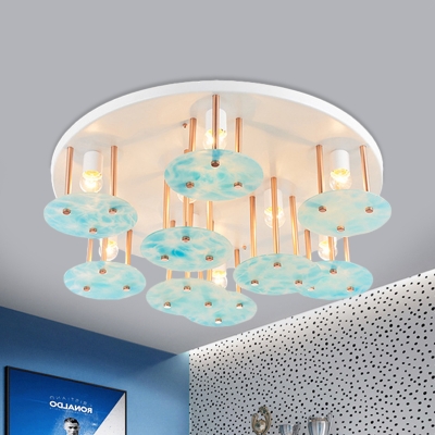 Round Flush Mount Lighting Kids Style Metal 9 Lights White Finish Flush Lamp with Panel Blue Glass Shade