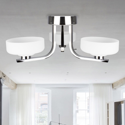 Shallow Bowl Semi Mount Lighting Simplicity White Glass 3 Heads Living Room Ceiling Flush Light with Chrome Curved Arm