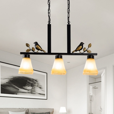 Flared Dining Table Drop Pendant Vintage Frosted Glass 3 Heads Black Hanging Island Light with Bird Decor
