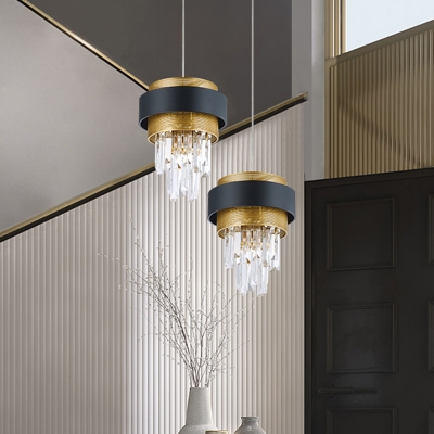 Tiered Crystal Icicle Pendulum Light Mid-Century 1 Head Lounge Ceiling Pendant in Black-Gold with Mesh Screen