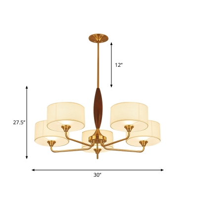 Traditional Drum Suspension Light 3/5-Head White Fabric Chandelier Lamp Fixture in Brass