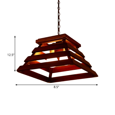 Trapezoid Cage Dining Room Pendant Chandelier Country Wood 2 Heads Brown Suspension Lamp