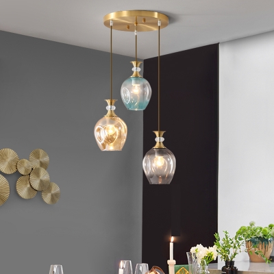 Tulips Multi Light Pendant Modernist Tan-Blue-Grey Dimpled Glass 3 Lights Gold Hanging Lamp Kit