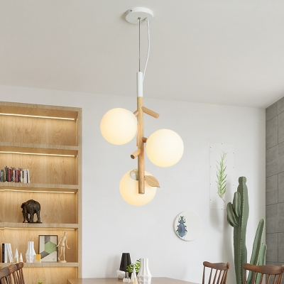 White Frosted Glass Ball Hanging Chandelier Modernist 2/3 Heads Wood Ceiling Pendant Lamp with Vertical Branch Rod
