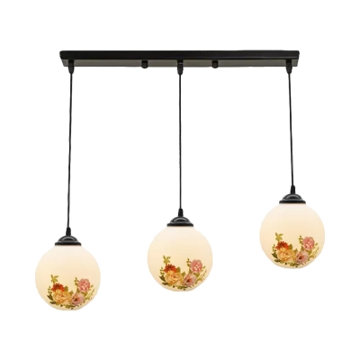 White Glass Black Multi Light Chandelier Spherical 3 Heads Pastoral Style Petal Pattern Suspension Lamp with Round/Linear Canopy