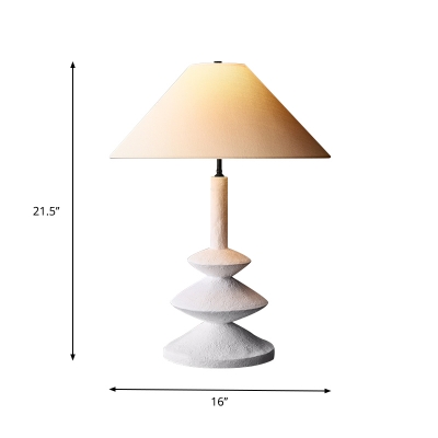Wide Cone Living Room Table Light Contemporary Fabric 1-Light White Night Stand Lamp with 3-Layer Resin Base