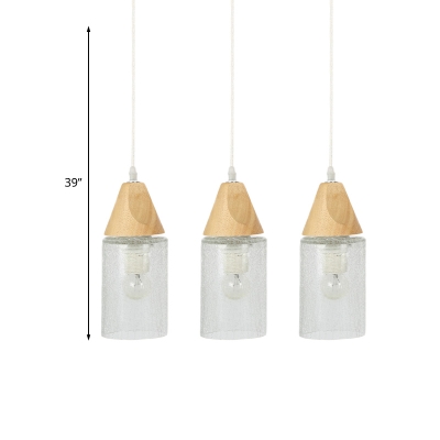 Wood Cylinder Pendant Light Modernist 3 Bulbs Clear Cracked Glass Multiple Hanging Lamp