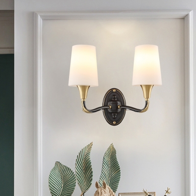 1/2 Bulbs Sconce Lamp Vintage Corner Wall Lighting Ideas with Conic Opal Glass Shade in Brass
