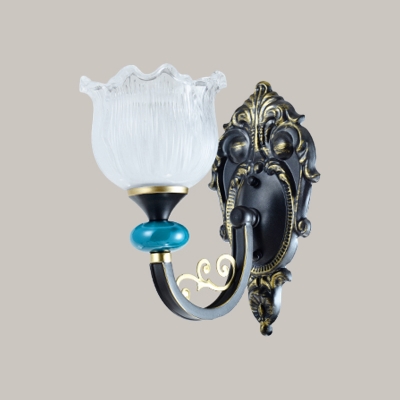 1/2-Head Wall Sconce Lamp Farmhouse Indoor Wall Lighting with Flower Glass Shade in Black