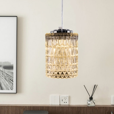 1 Bulb Mini Cylindrical Pendant Lamp Simple Chrome Beveled Crystal Hanging Ceiling Light over Dining Table
