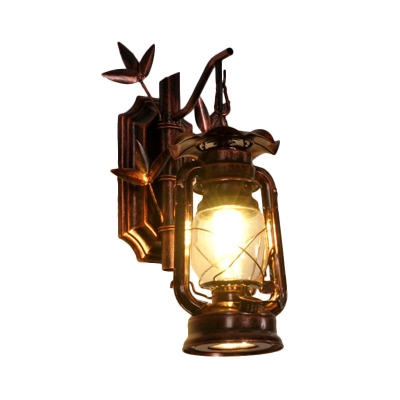 1 Head Lantern Wall Light Fixture Industrial Bronze/Copper Finish Clear Glass Wall Sconce with Metal Bamboo Backplate