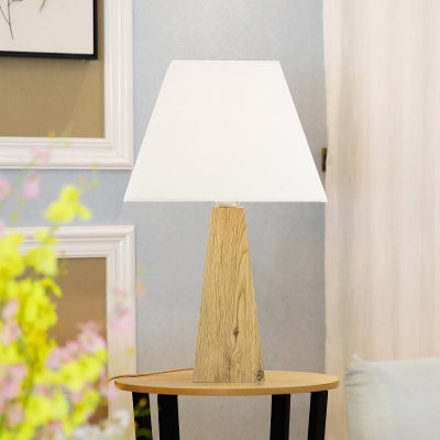 1 Head Nightstand Light Rural Pyramid Fabric Table Lighting in Taupe/White with Wood Base
