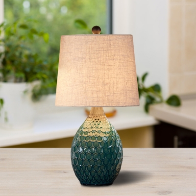 1 Head Nightstand Light Vintage Honeycomb Vase Ceramic Table Lamp in Silver Grey/Beige with Fabric Shade