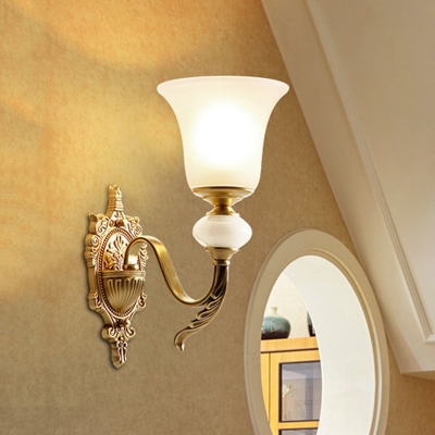 1-Light Ivory Glass Sconce Ideas Traditional Brass Bell Stairway Wall Mount Light with Undulated Arm