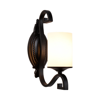1-Light Wall Sconce Vintage Cylindrical Opal Frosted Glass Wall Lighting with Black Scroll Arm