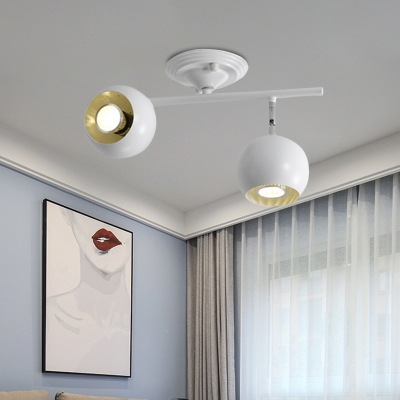 2 Lights Living Room Semi-Flush Mount Light Modern White Finish Ceiling Lamp Fixture with Globe Metal Shade