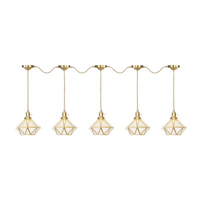 3/5/7-Light Multiple Hanging Light Traditional Diamond Clear Water Glass Series Connection Pendant Lamp in Gold