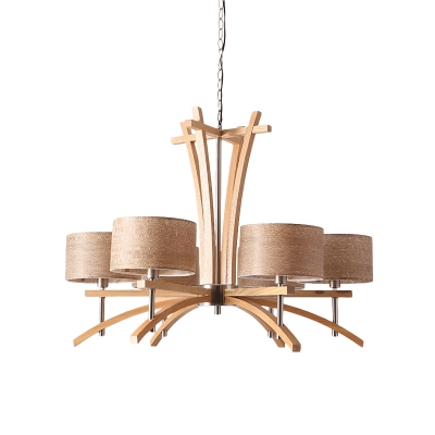 3/6-Head Living Room Chandelier Lighting Modernist Beige Hanging Lamp Kit with Drum Wood Veneer Shade