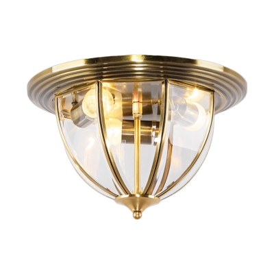 3-Bulb Cloche Flush Mount Light Retro Brass Clear Glass Panes Ceiling Lighting for Kitchen