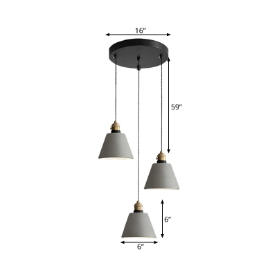 3 Lights Multi Pendant Light Vintage Cone/Bell/Drum Cement Hanging Ceiling Lamp in Grey, 3