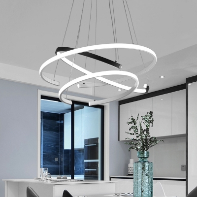 3 Tiers C-Shape Hanging Chandelier Minimalist Acrylic Black and White LED Ceiling Pendant Light for Dining Room