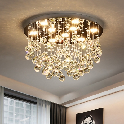 9 Bulbs Flush Mount Bedroom Flush Light Fixture with Cascading Crystal Ball in Chrome