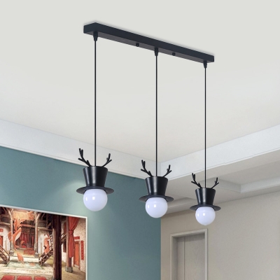 Antler and Hat Multi Ceiling Light Macaron Metal 3 Lights Black Hanging Lamp Kit with Linear/Round Canopy