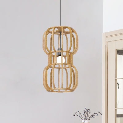 Asian Dumbbell Frame Suspension Light Wood 1-Bulb Restaurant Ceiling Pendant Lamp in Beige
