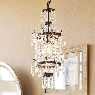 Black 1 Head Pendant Lamp Victorian Crystal Strands Ceiling Hanging Lantern over Dining Table