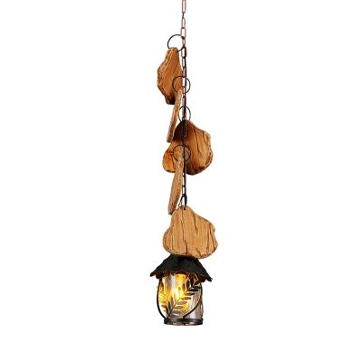 Black 1 Light Pendulum Light Coastal Clear Glass/White Fabric Kerosene Hanging Pendant with Leaf Pattern