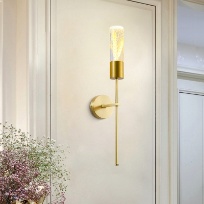 Brass Pencil Arm Wall Sconce Minimalist Metal Parlor LED Wall Lamp with Tube Acrylic Shade and Grain Inside