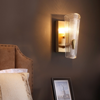 Brass Single Sconce Light Minimalist Transparent Grid Glass Shield Wall Mount Lamp