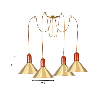 Conic Restaurant Swag Multi-Pendant Industrial Metallic 2/3/4 Lights Gold Finish Hanging Ceiling Lamp