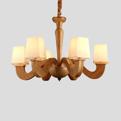 Contemporary Curved Arm Pendant Wood 6 Lights Living Room Chandelier Lamp Fixture with Trapezoid Fabric Shade