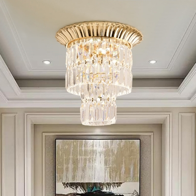 Contemporary Dual-Layered Flushmount LED Clear Crystal Prism Ceiling Light Fixture in Chrome/Gold
