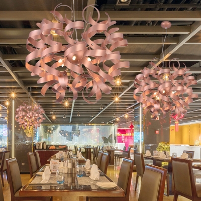 Contemporary Spiral Ribbon Shape Pendant Metal 6-Light Restaurant LED Hanging Chandelier in Copper