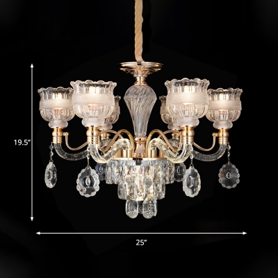 Crystal Scalloped Bowl Chandelier Vintage 7 Heads Dining Room Ceiling Pendant Lamp in Gold